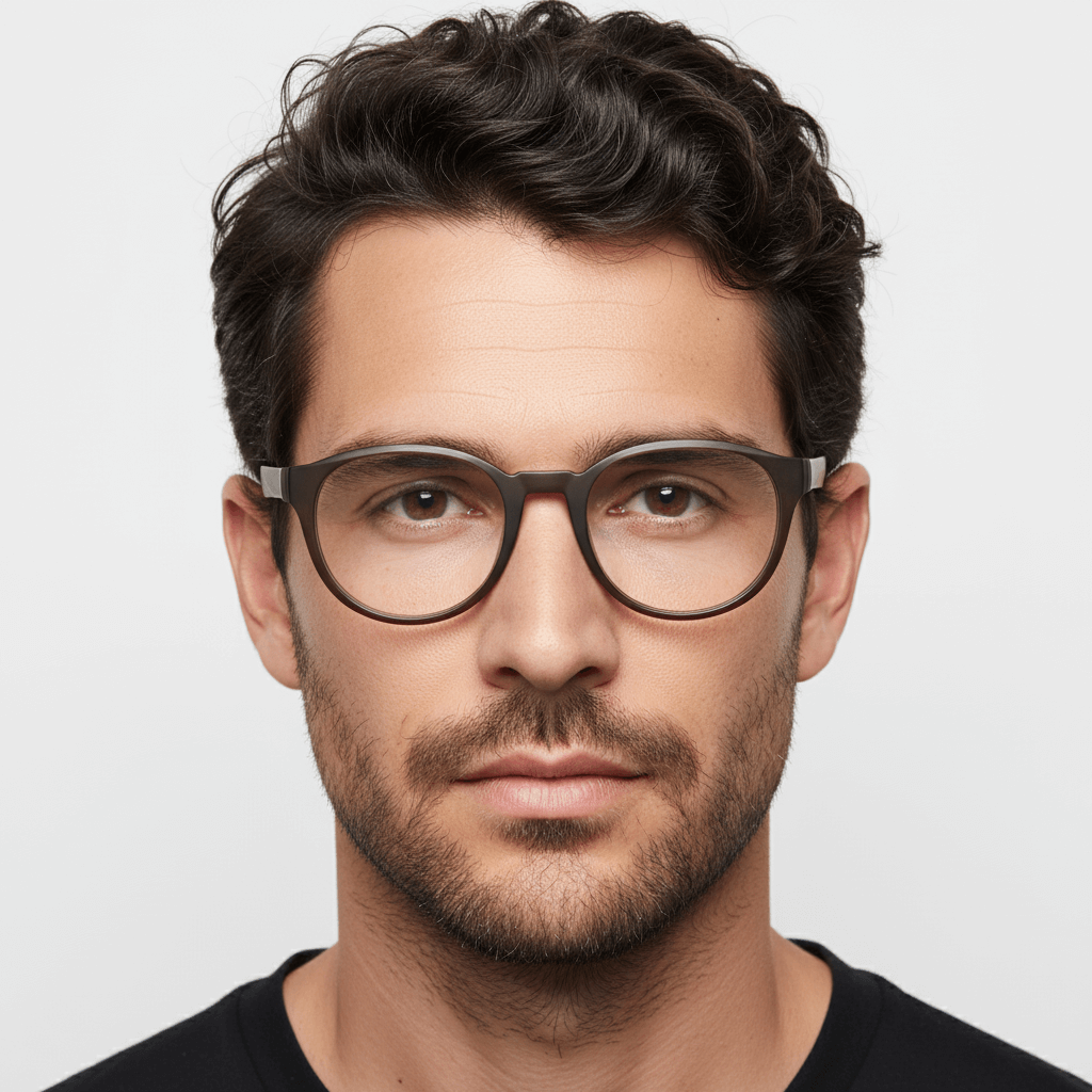 La front view a men peinado pelo castaño ondulado wearing eyeglasses optical frames prescription tamaño large oversized brown. bonoboss mayorista and optical distributor #color_brown