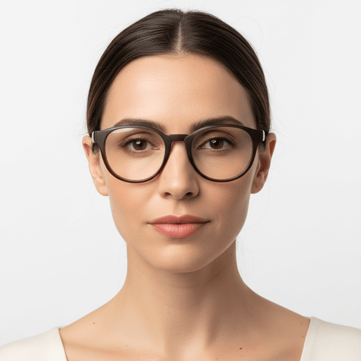 La front view a women peinada pelo color castaño wearing eyeglasses optical frames prescription tamaño large oversized brown. bonoboss mayorista and optical distributor #color_brown