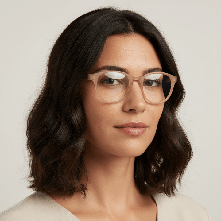 La side view a women pelo black suelto wearing eyeglasses optical frames prescription tamaño large oversized color duranzo. bonoboss mayorista and optical distributor #color_peach
