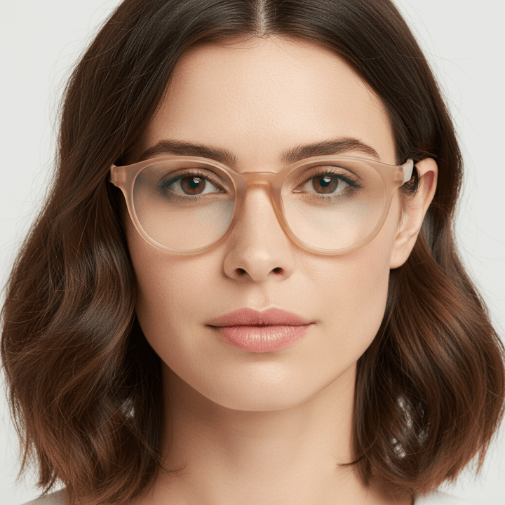 La front view a women pelo castaño suelto wearing eyeglasses optical frames prescription tamaño large oversized color duranzo. bonoboss mayorista and optical distributor #color_peach