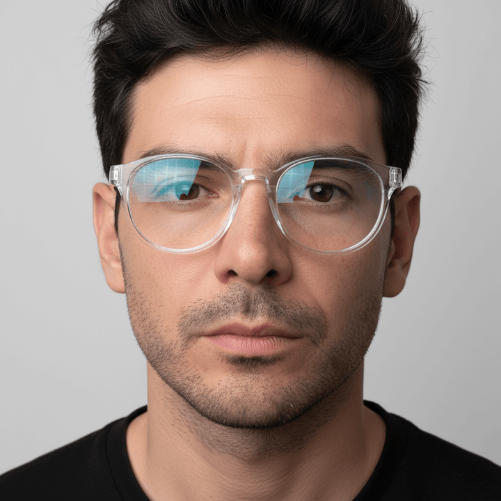 La front view a men pelo black and barba sutil wearing unos eyeglasses optical frames prescription clear and forma redonda large oversized Bonoboss #color_transparente