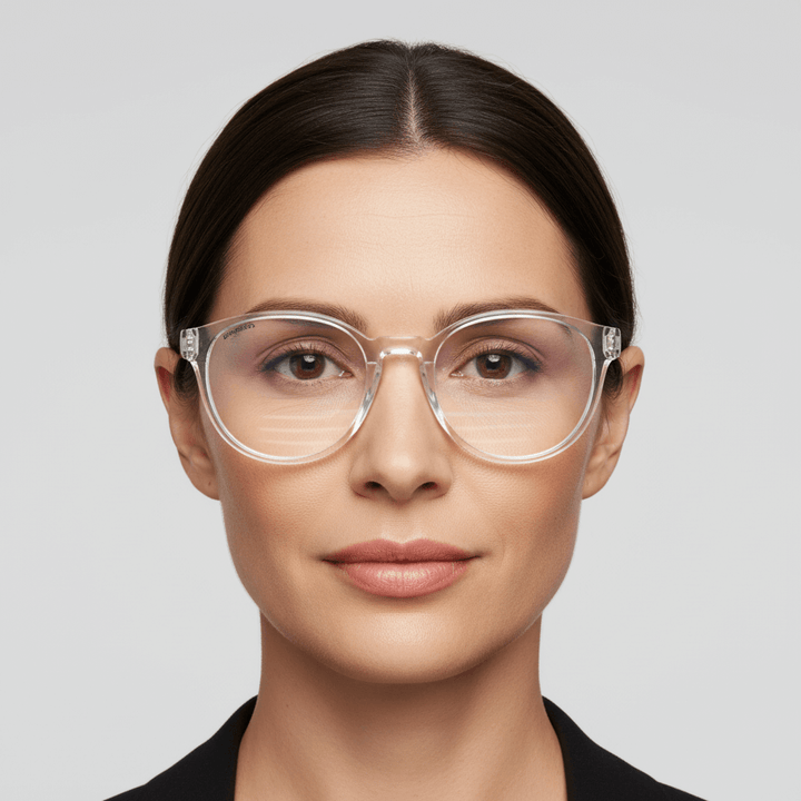 La front view a women pelo black tomado wearing unos eyeglasses optical frames prescription clear and forma redonda large oversized Bonoboss #color_transparente