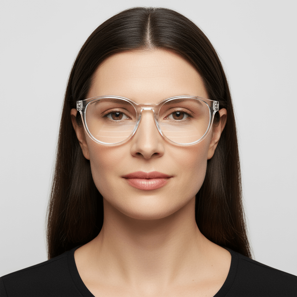 La front view a women cara ovalada redonda pelo black suelto wearing unos eyeglasses optical frames prescription clear and forma redonda large oversized Bonoboss #color_transparente