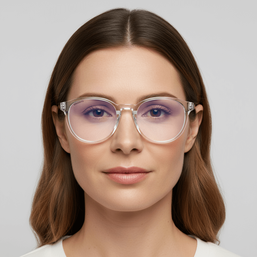 La front view a women cara ovalada redonda pelo castaño claro suelto wearing unos eyeglasses optical frames prescription clear and forma redonda large oversized Bonoboss #color_transparente