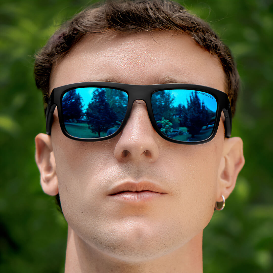 anteojos de sol rectangulares polarizados negros para hombre y mujer con lentes de color azul espejado sky#color_sky