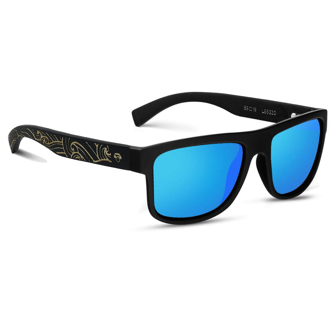 Sunglasses rectangular polarized black wooden temple for men and women with color lenses sky blue mirrored Bonoboss #color_waves-sky