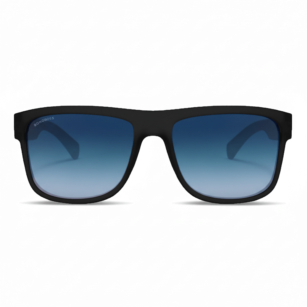 Sunglasses rectangular polarized black for men and women with color lenses gradient blue in recycled plastic especial for corporate gifts Bonoboss #color_degrade-azul
