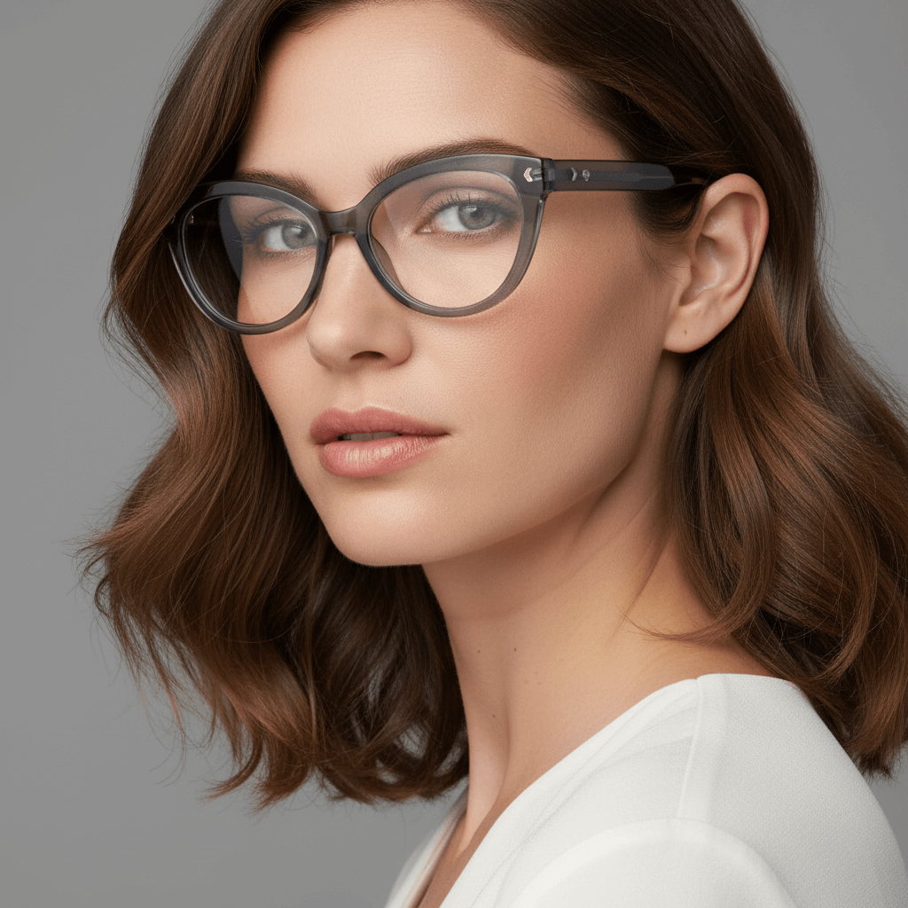 Una modelo women moda with round face and pelo ondulado wearing eyeglasses frames optical frames agate pattern with tratamiento anti-reflective and prescription de Bonoboss #color_gris