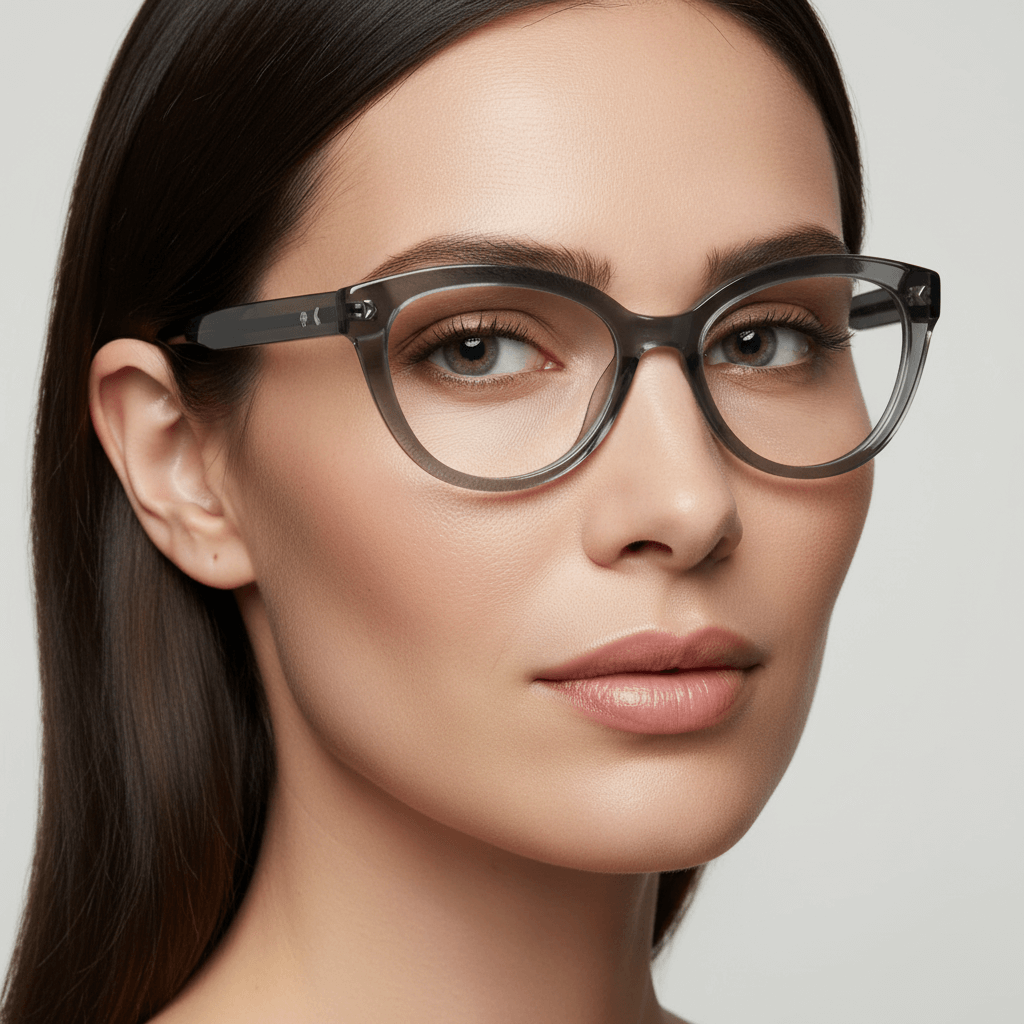 La side view a modelo women moda with round face and pelo ondulado wearing eyeglasses frames optical frames agate pattern with tratamiento anti-reflective and prescription de Bonoboss #color_gris
