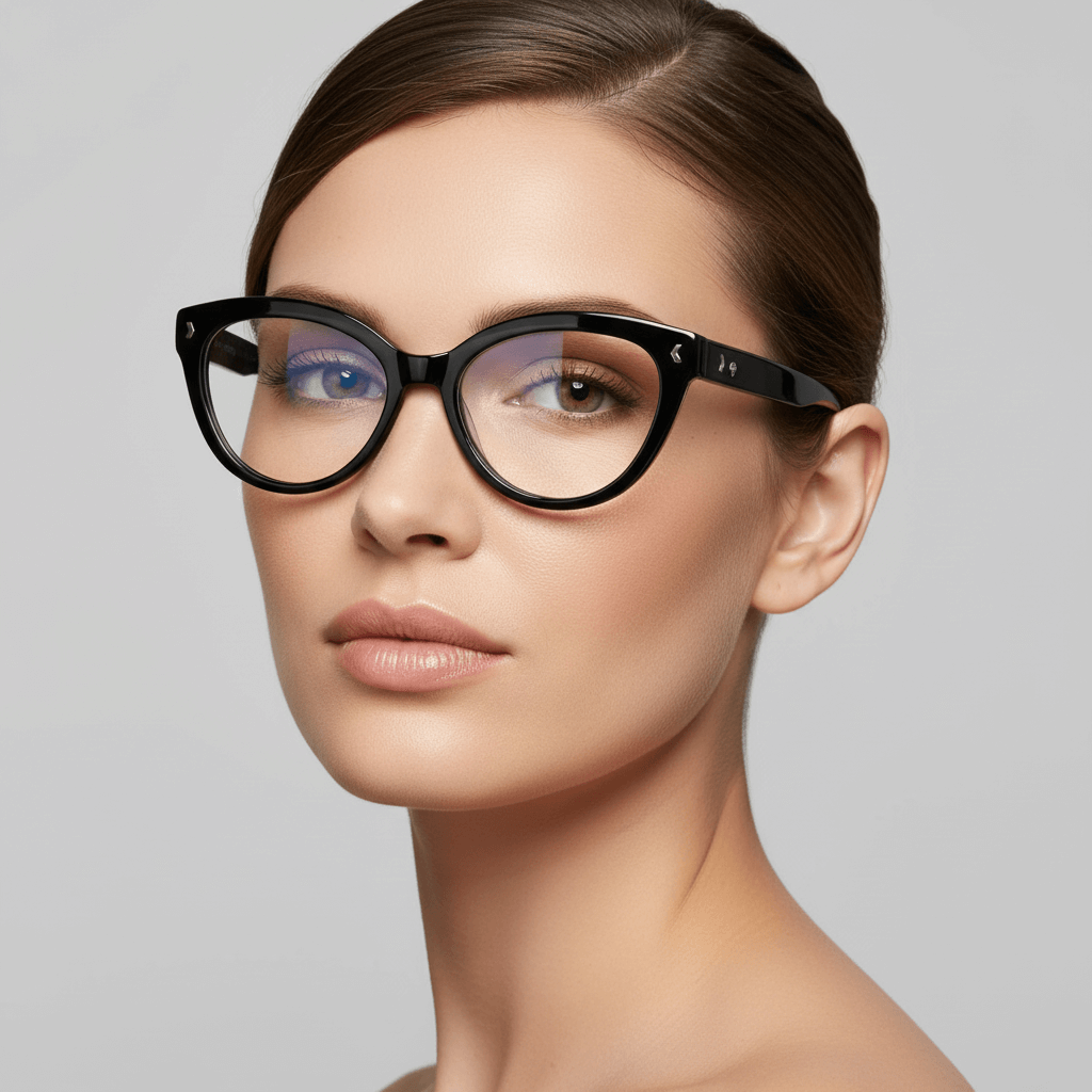 Una modelo women moda with round face large wearing eyeglasses frames optical frames agate pattern with tratamiento anti-reflective and prescription de Bonoboss #color_negro