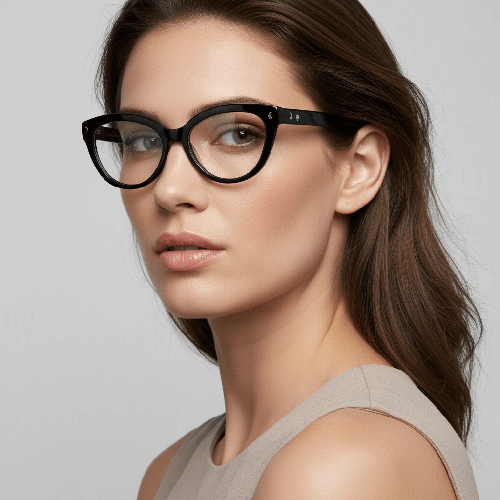 Una modelo women moda with cara ovalada pelo suelto ondulado wearing eyeglasses frames optical frames agate pattern with tratamiento anti-reflective and prescription de Bonoboss #color_negro