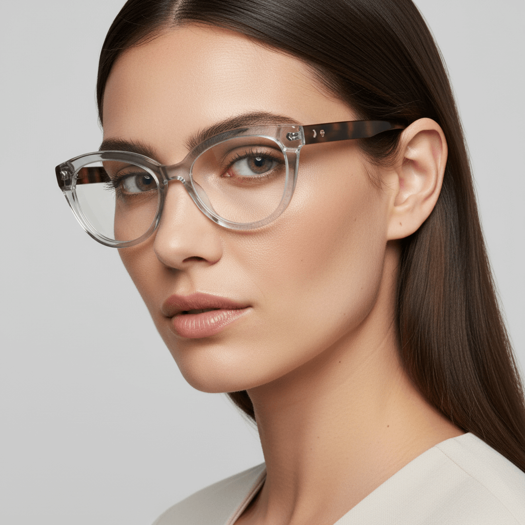 Una modelo women moda with pelo liso suelto and round face wearing eyeglasses frames optical frames agate pattern with tratamiento anti-reflective and prescription de Bonoboss #color_transparente