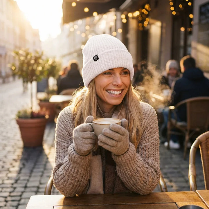 Beanie gorro invierno in terraza café mañana fría bonoboss