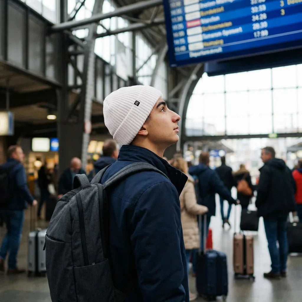 Beanie gorro invierno viajero estación aeropuerto bonoboss