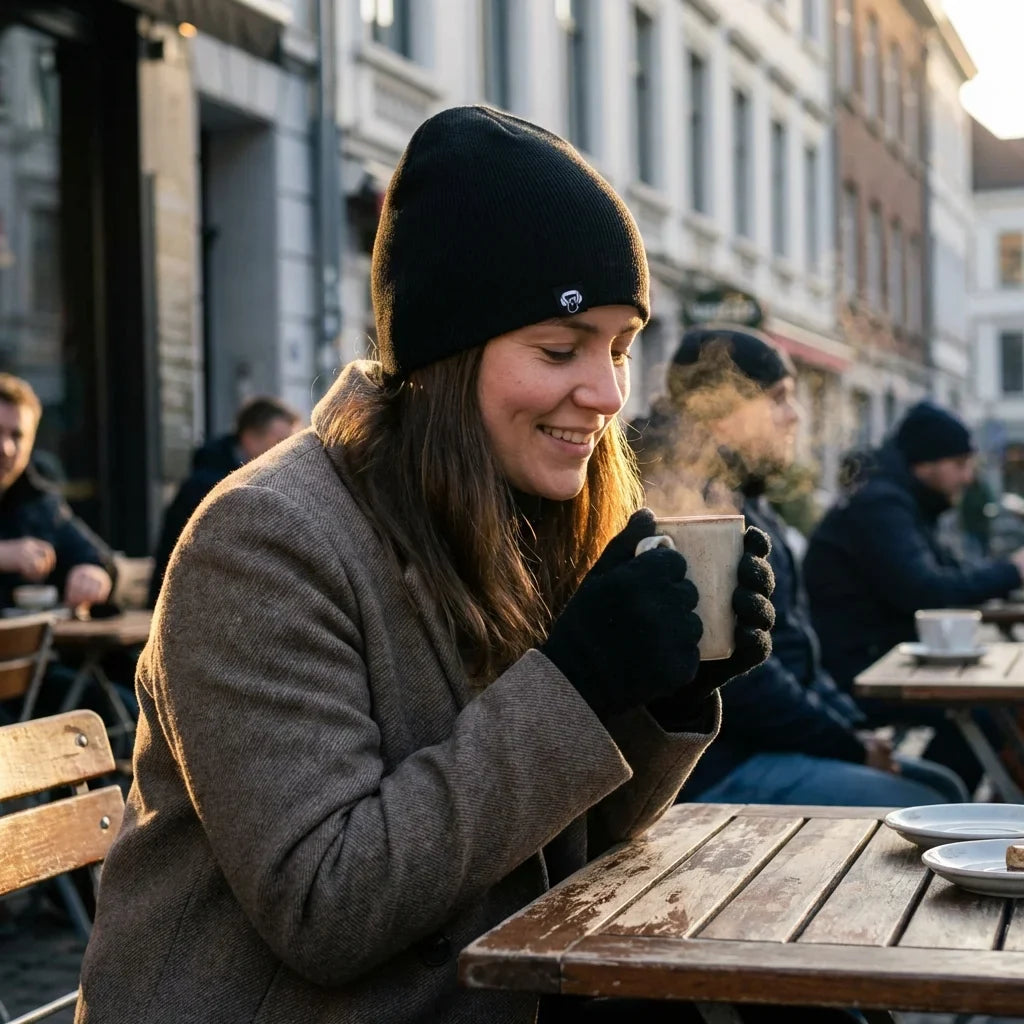 Beanie gorro invierno in terraza café mañana fría bonoboss