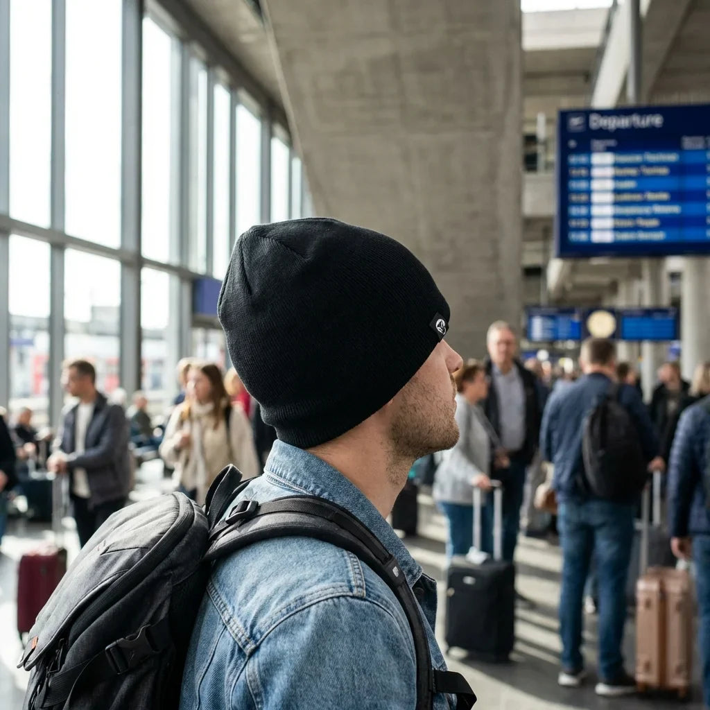 Beanie gorro invierno viajero estación aeropuerto bonoboss