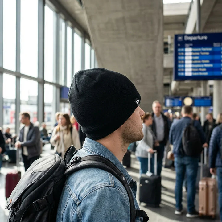 Beanie gorro invierno viajero estación aeropuerto bonoboss