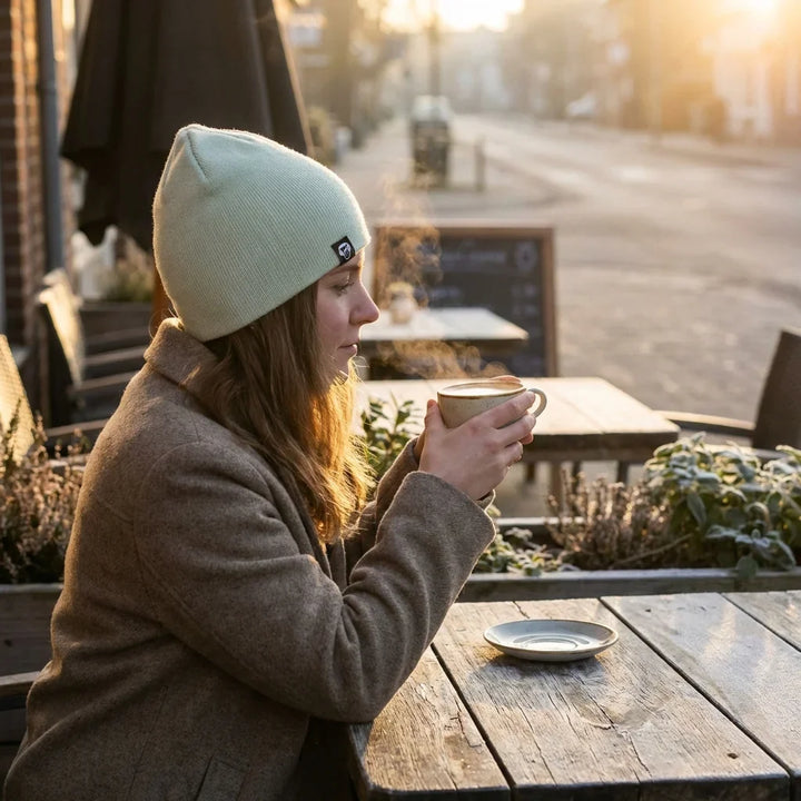 Beanie gorro invierno in terraza café mañana fría bonoboss