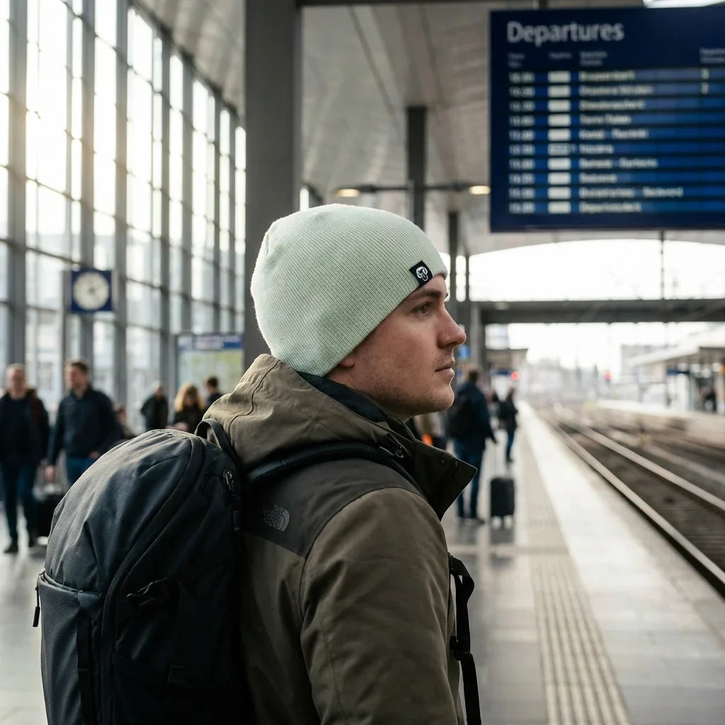 Beanie gorro invierno viajero estación aeropuerto bonoboss