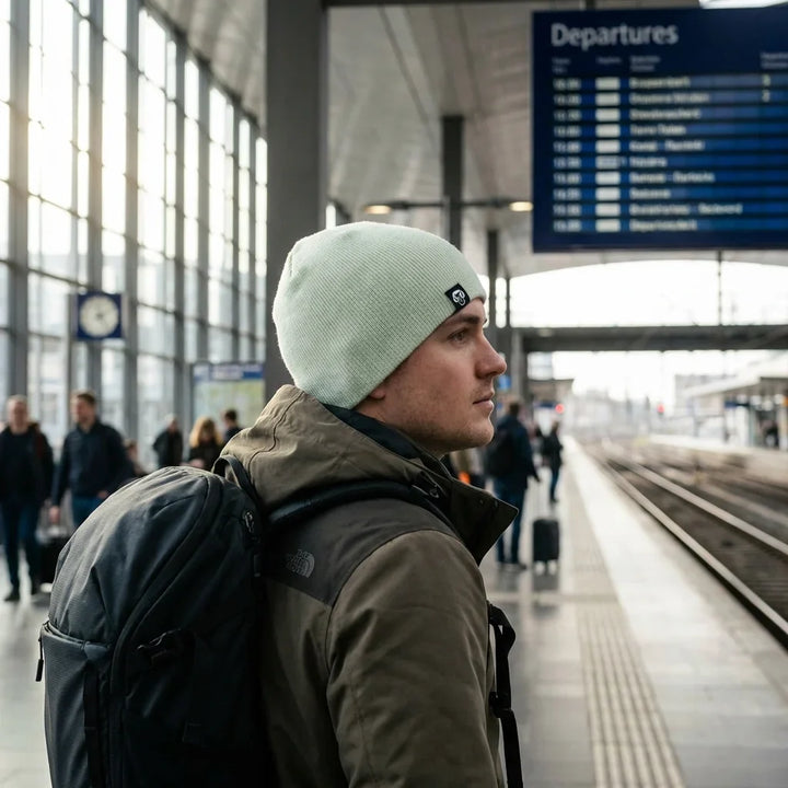 Beanie gorro invierno viajero estación aeropuerto bonoboss