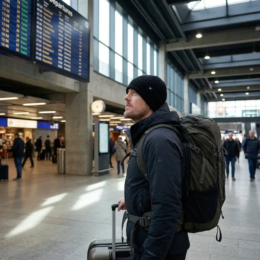 Beanie gorro invierno viajero estación aeropuerto bonoboss