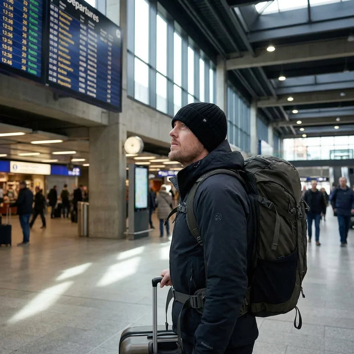 Beanie gorro invierno viajero estación aeropuerto bonoboss