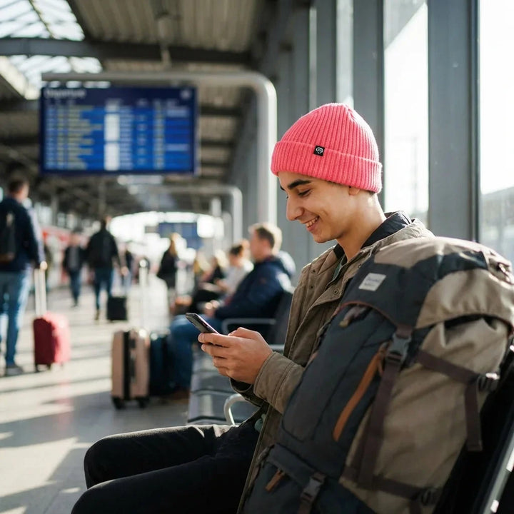 Beanie gorro invierno viajero estación aeropuerto bonoboss