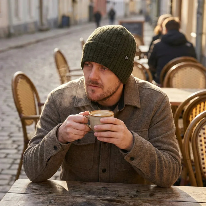 Beanie gorro invierno in terraza café mañana fría bonoboss
