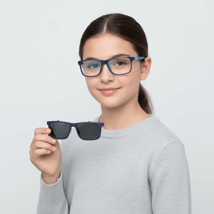 Una kids 10 años wearing optical frames with sun clip-on polarized de Bonoboss #color_azul