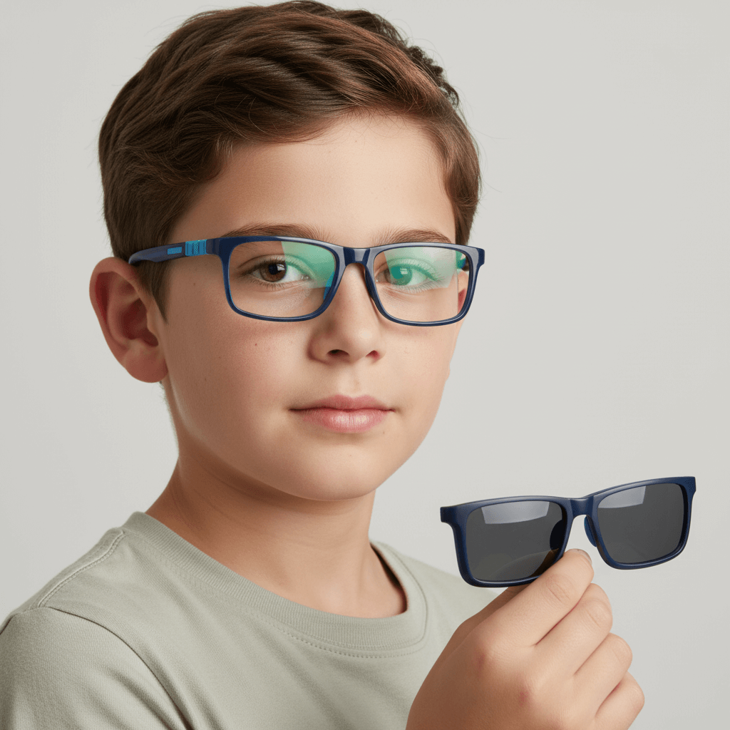 Un kids 10 años wearing optical frames with sun clip-on polarized de Bonoboss #color_azul
