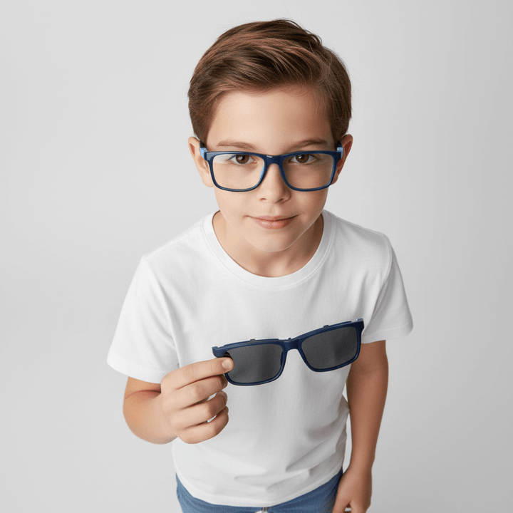Un kids 10 años wearing optical frames with sun clip-on polarized de Bonoboss #color_azul