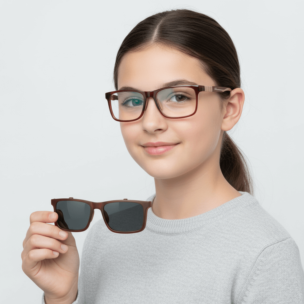 Una kids round face wearing optical frames bonoboss with sun clip-on polarized de #color_brown