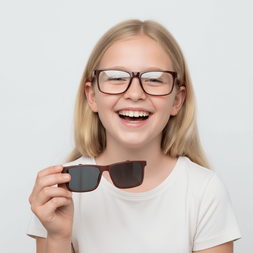 Una kids rubia round face wearing optical frames bonoboss with sun clip-on polarized de #color_brown