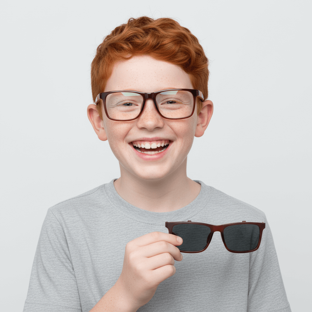 Un kids round face wearing optical frames bonoboss with sun clip-on polarized de #color_brown