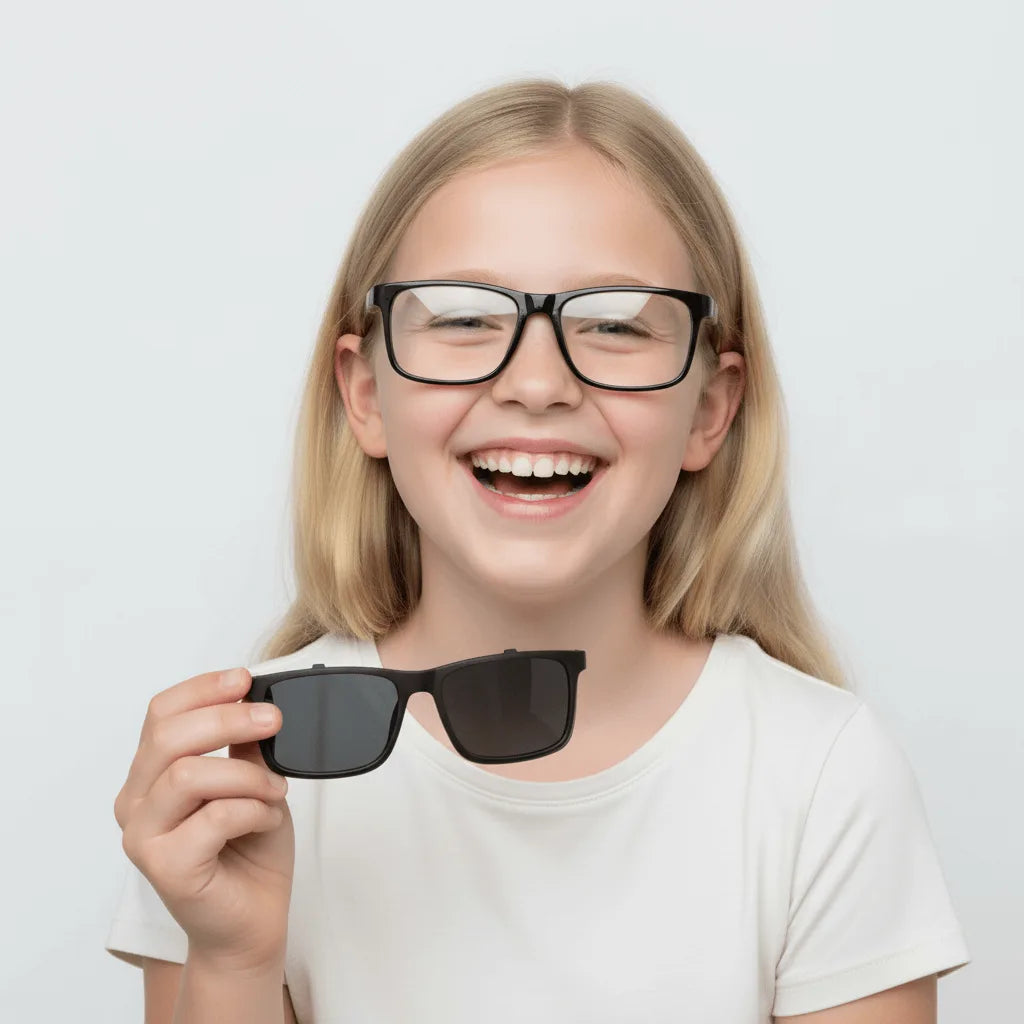 Una kids riendo wearing optical frames rectangular with sun clip-on polarized Bonoboss #color_negro