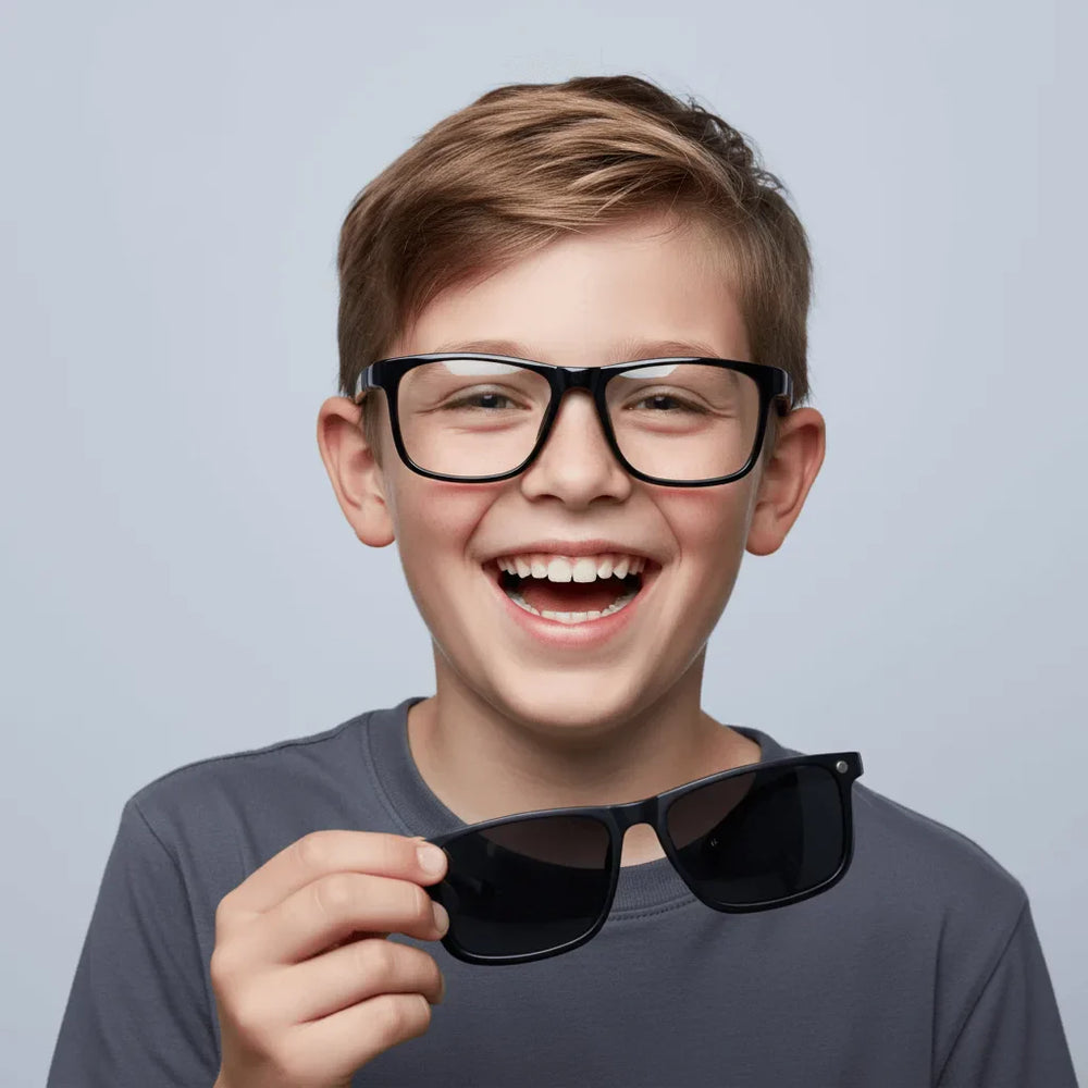 Un kids riendo wearing optical frames rectangular with sun clip-on polarized Bonoboss #color_negro