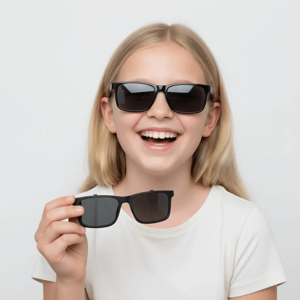 Una kids riendo wearing optical frames rectangular with sun clip-on polarized Bonoboss #color_negro