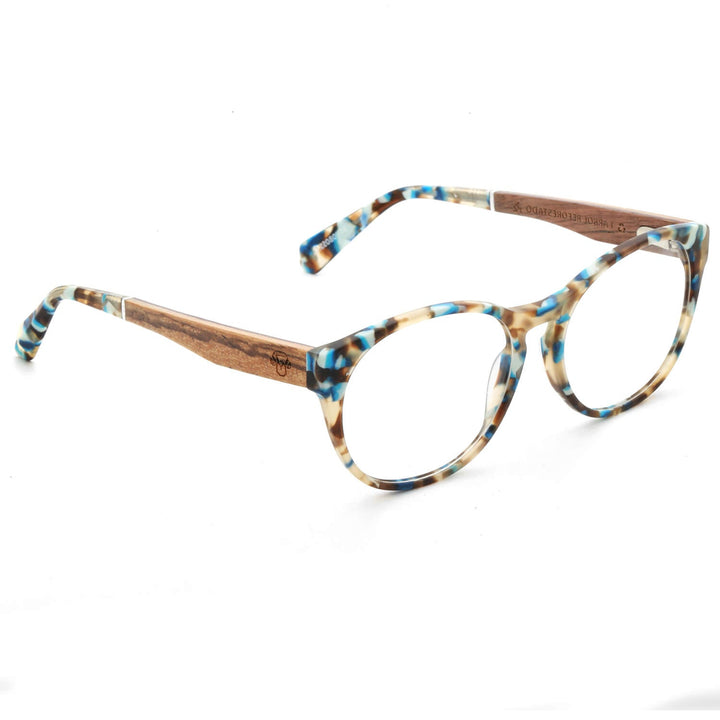 Optical frames round acetate organico sustainable ecologico temples natural wood recycled plastic for men and women optical wholesale angled Bonoboss #color_blue