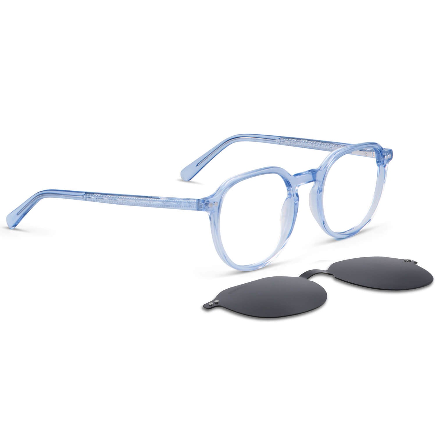 anteojos o marcos ópticos con iman o clip de sol polarizados de forma octagonal o redondos para hombres y mujeres de cara redonda grande. Vista angulada y armazones de color azul #color_azul