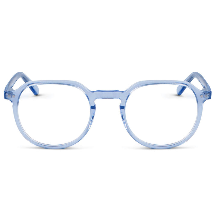 Eyeglasses or optical frames with iman or sun clip-on polarized forma octagonal or round for mens and womenes round face large. front view and frames blue Bonoboss #color_azul