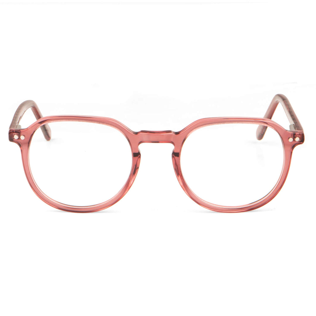 Eyeglasses or optical frames with iman or sun clip-on polarized forma octagonal or round for mens and womenes round face large. front view and frames color damasco Bonoboss