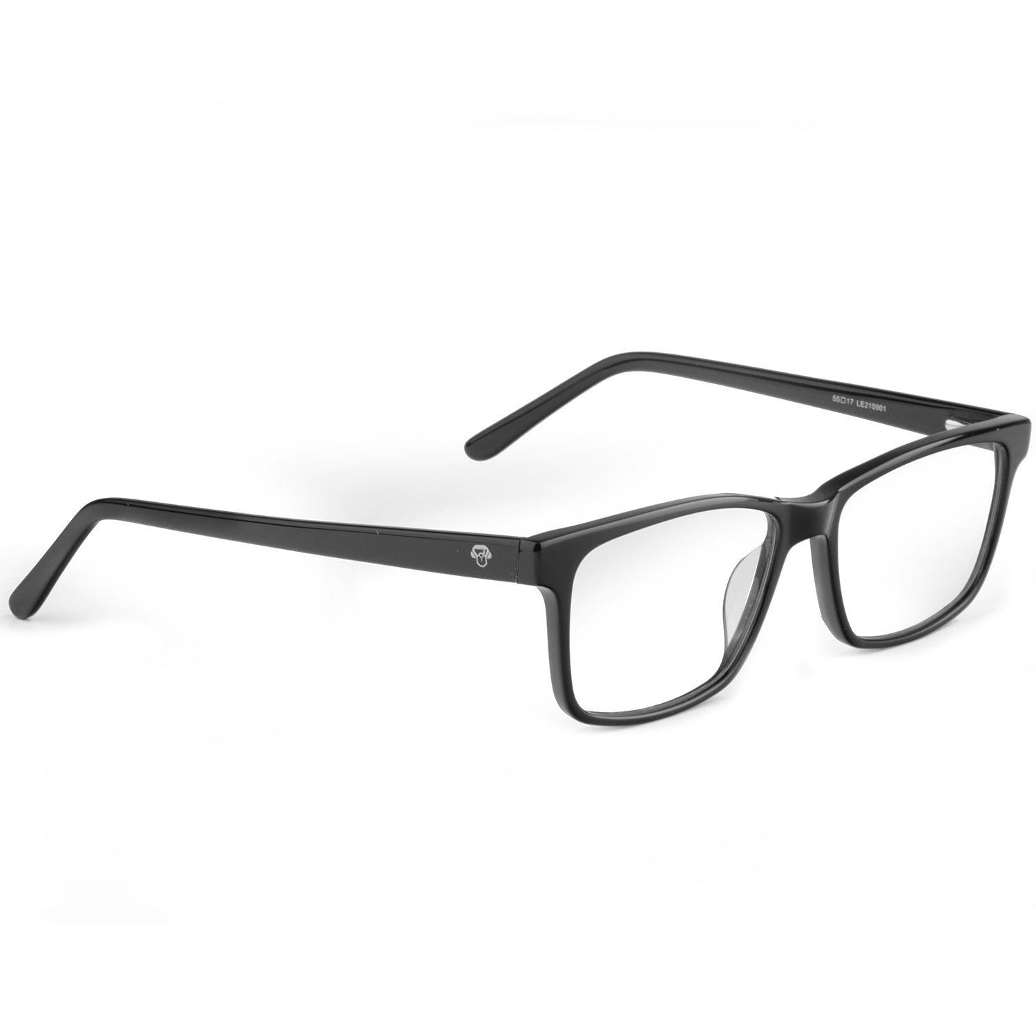 vista angulada o lateral de armazones o marcos opticos de forma rectangular de color negro para hombre y mujer de cara redonda