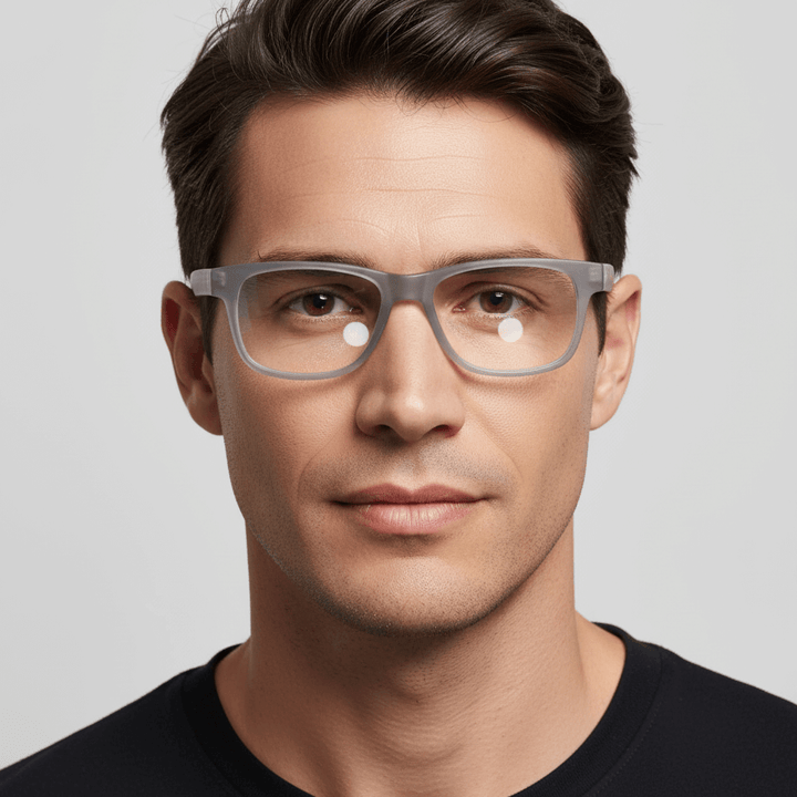 La front view a modelo men cara ovalada wearing unos frames optical frames prescription lenses forma rectangular de Bonoboss #color_transparente