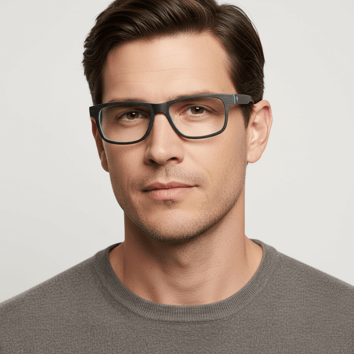 La front view a modelo men cara ovalada wearing frames optical frames prescription bonoboss color textured in acetate natural biodegradable sustainable recycled laminao de #color_darkblue