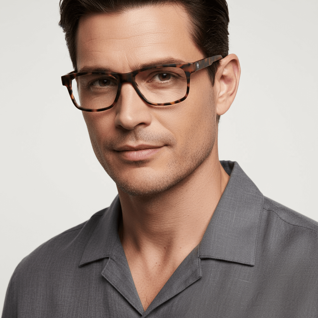 La side view 45º a modelo men round face wearing unos frames optical frames prescription lenses forma rectangular de Bonoboss #color_carey