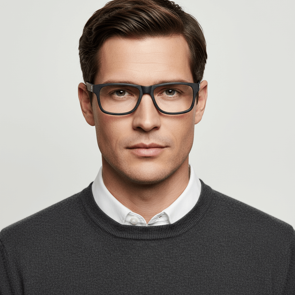 La front view a modelo men cara ovalada wearing frames optical frames prescription bonoboss in acetate natural biodegradable sustainable recycled de #color_black
