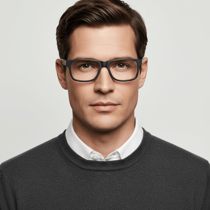 La front view a modelo men cara ovalada wearing frames optical frames prescription bonoboss in acetate natural biodegradable sustainable recycled de #color_black