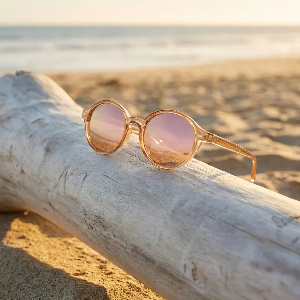 Lentes sol Capri polarizados RPET reciclado rose gold sobre driftwood dorado reflejo lente costero Bonoboss #editorial_detail1 #color_rose