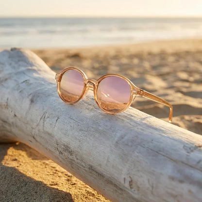 Lentes sol Capri polarizados RPET reciclado rose gold sobre driftwood dorado reflejo lente costero Bonoboss #editorial_detail1 #color_rose