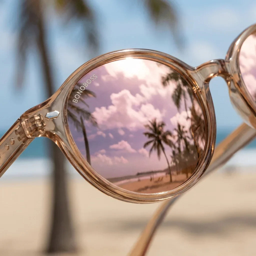 Lentes sol Capri polarizados UV400 RPET reciclado rose gold close-up lente coating espejado detalle optico Bonoboss #editorial_polarizado #color_rose